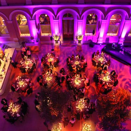 Aerial view of a dinner in the courtyard of Hertford House