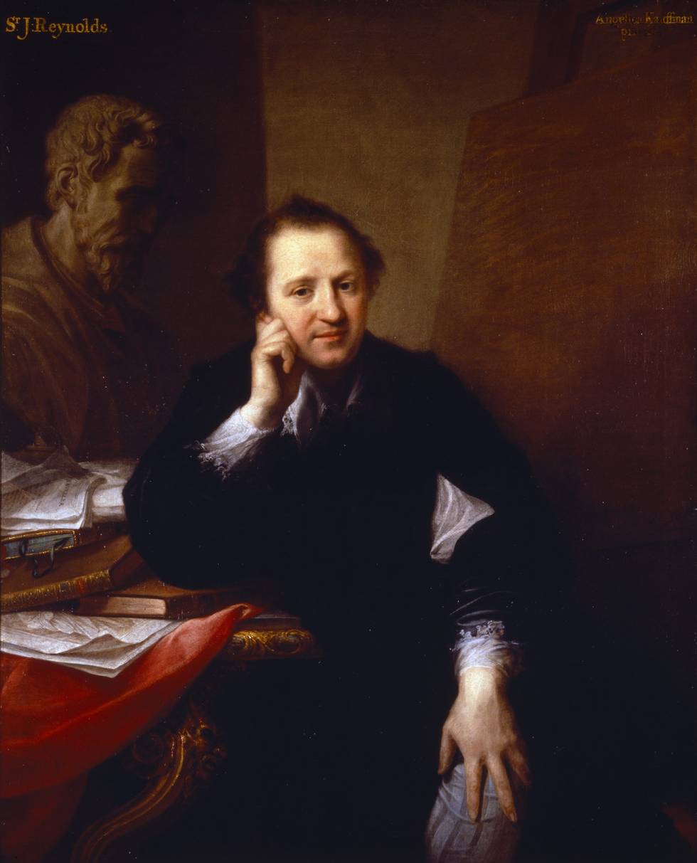 A painting of a man leaning against a desk