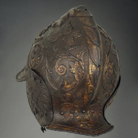 Photograph of the back of a floral helmet