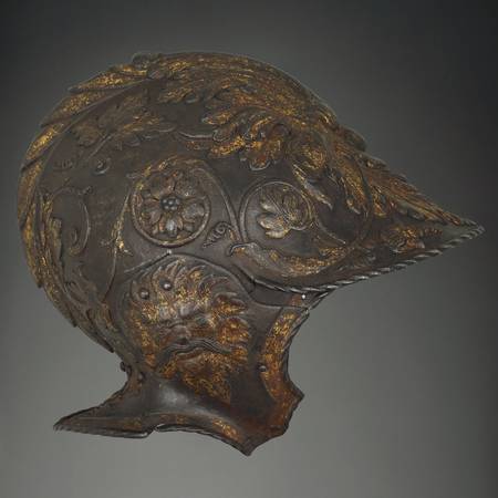 Photograph of the side profile of a floral helmet