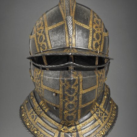 A sixteenth-century helmet with visor and gold detailing