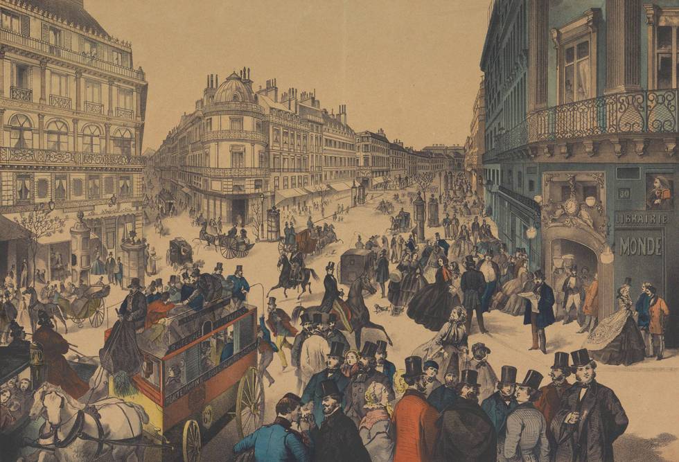 An image of a bustling street in nineteenth-century Paris