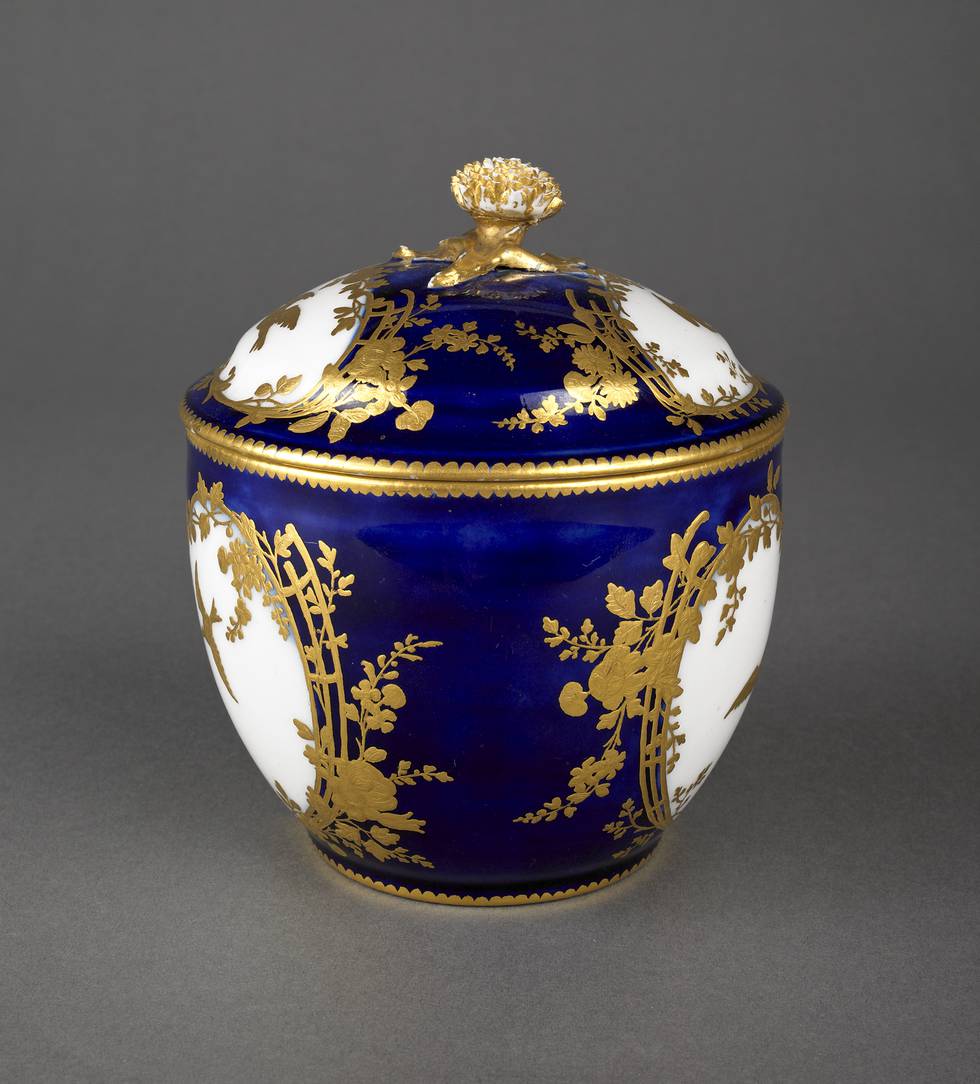 Royal blue Sevres porcelain sugar bowl with cover