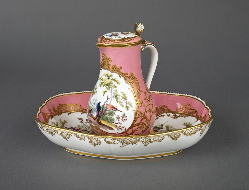 Pink and white Sevres porcelain jug and basin