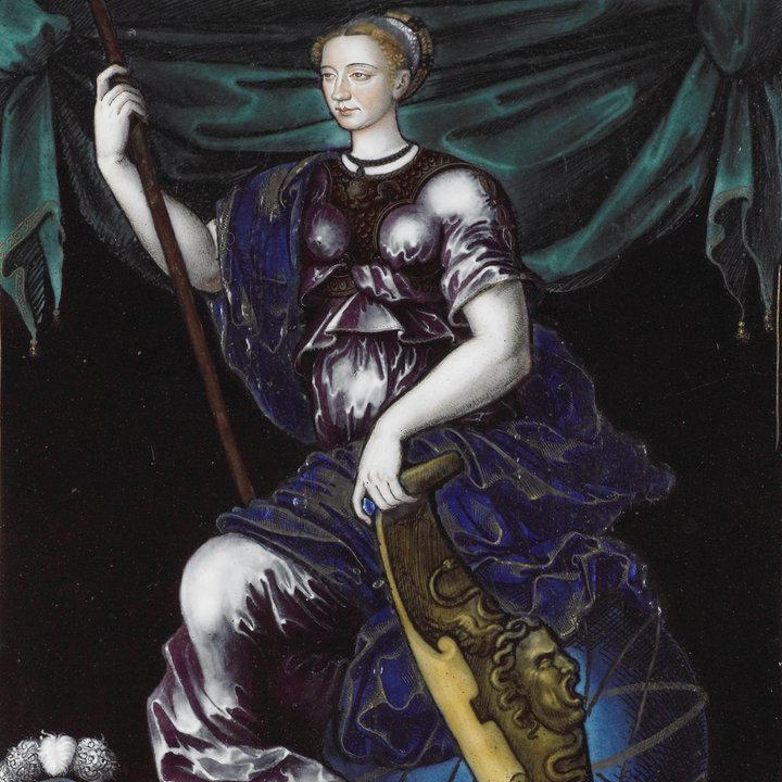 An image of an enamel plaque depicting Marguerite de France as Minerva