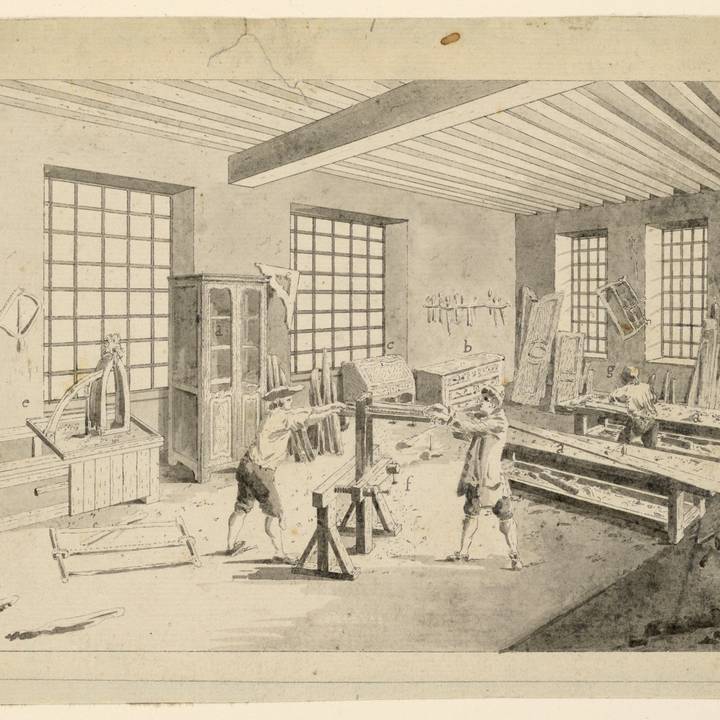 A drawing of three men working in a cabinetmaker’s workshop