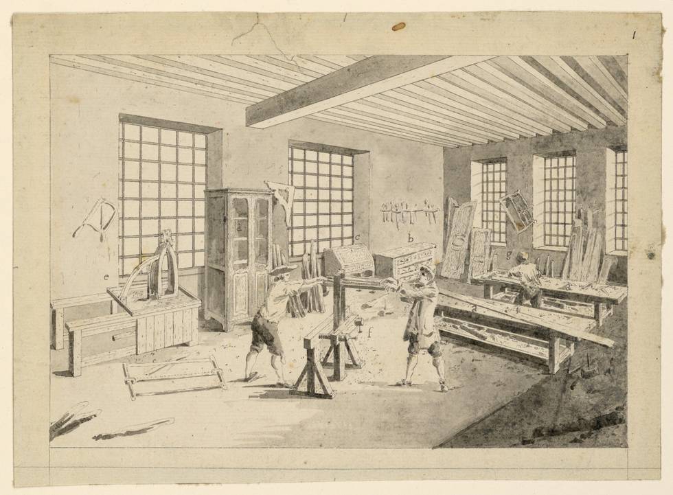 A drawing of three men working in a cabinetmaker’s workshop