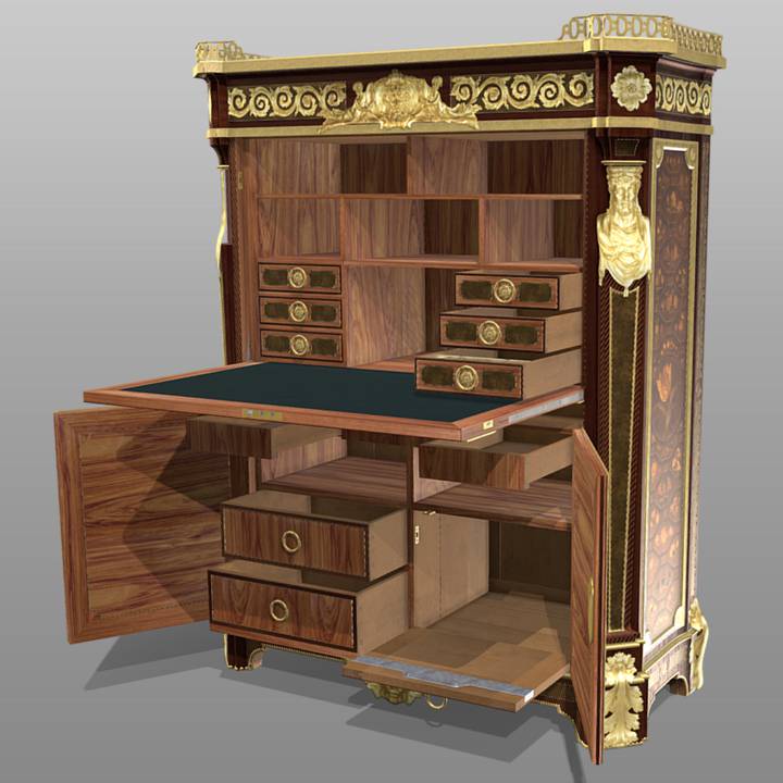 A digital model of a marquetry fall-front desk