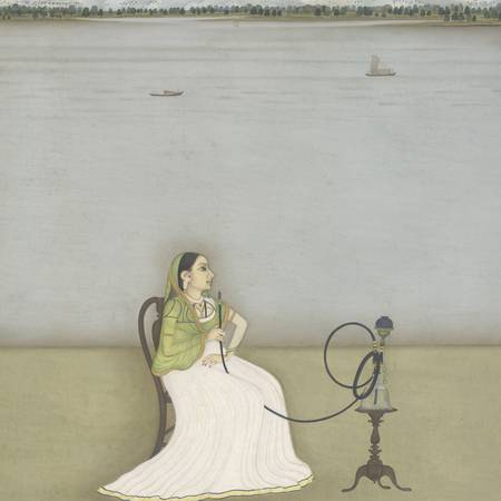 A painting of a seated woman smoking a pipe