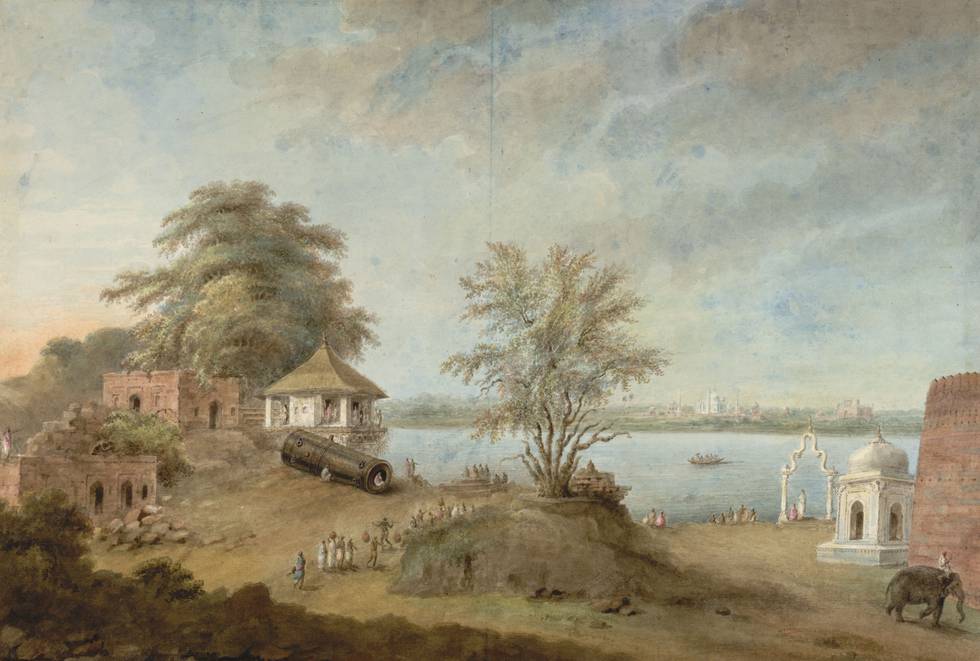 A painting of a cannon next to buildings and the shore of a body of water
