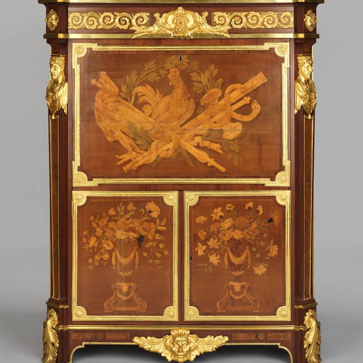 A marquetry roll-top desk, open