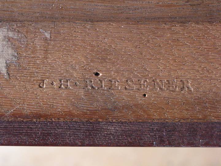 Detail of a Riesener stamp on the top of the carcase. Fall-front desk (F300).