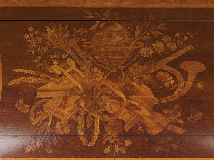 Detail of pictorial marquetry, showing the attributes of Literature and Poetry. Roll-top desk (F460).