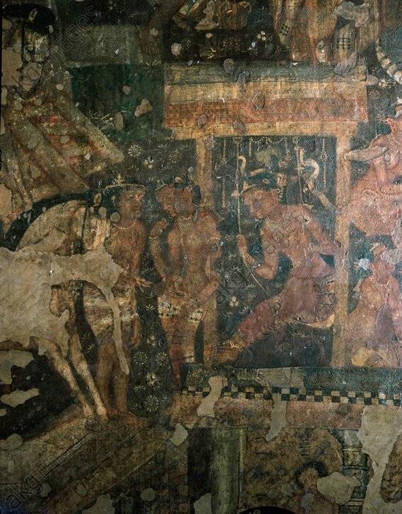 Nāga Irandati on a swing in a Buddhist painting in the Ajanta caves, 5th century. © akg-images / Jean-Louis Nou.