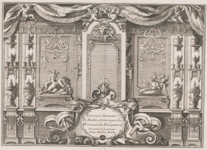 Detail from Nouveaux Desseins de Meubles et Ouvrages de Bronze et de Marqueterie, André Charles Boulle, published by Jean Mariette, about 1708. Württembergische Landesbibliothek.