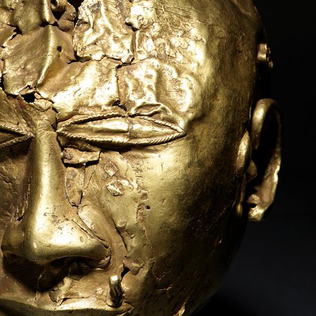 A detail of a gold trophy head
