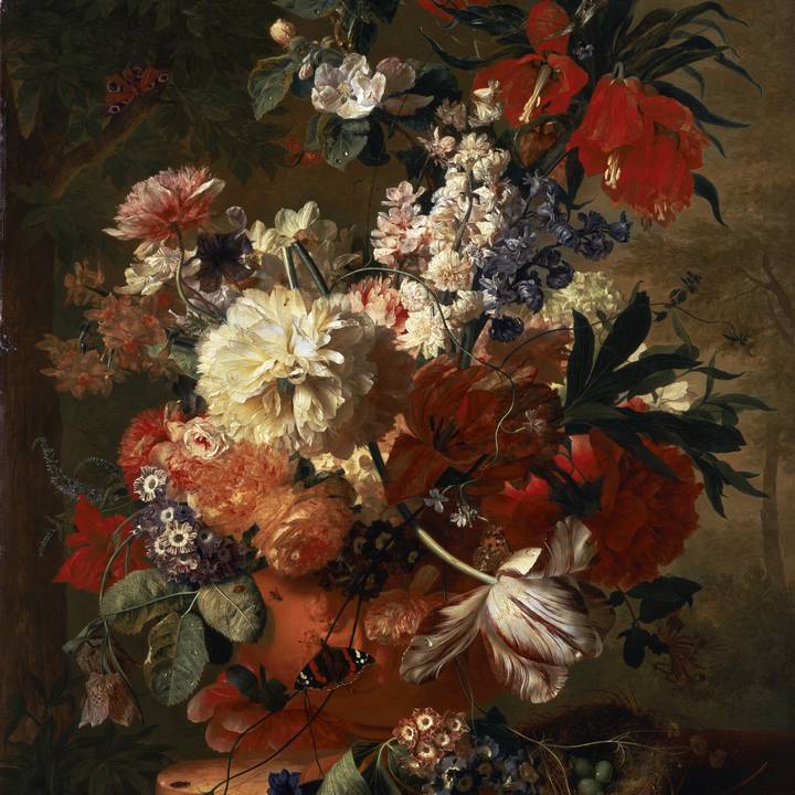 A painting of a vase of flowers