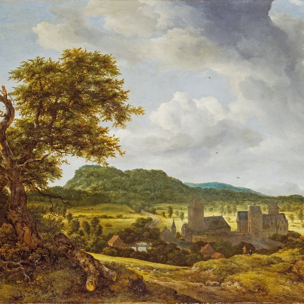 Painting of rural landscape and village