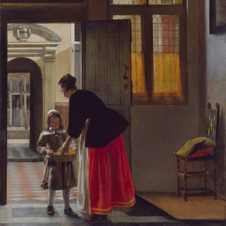 Painting of a boy offering bread to a women in an interior