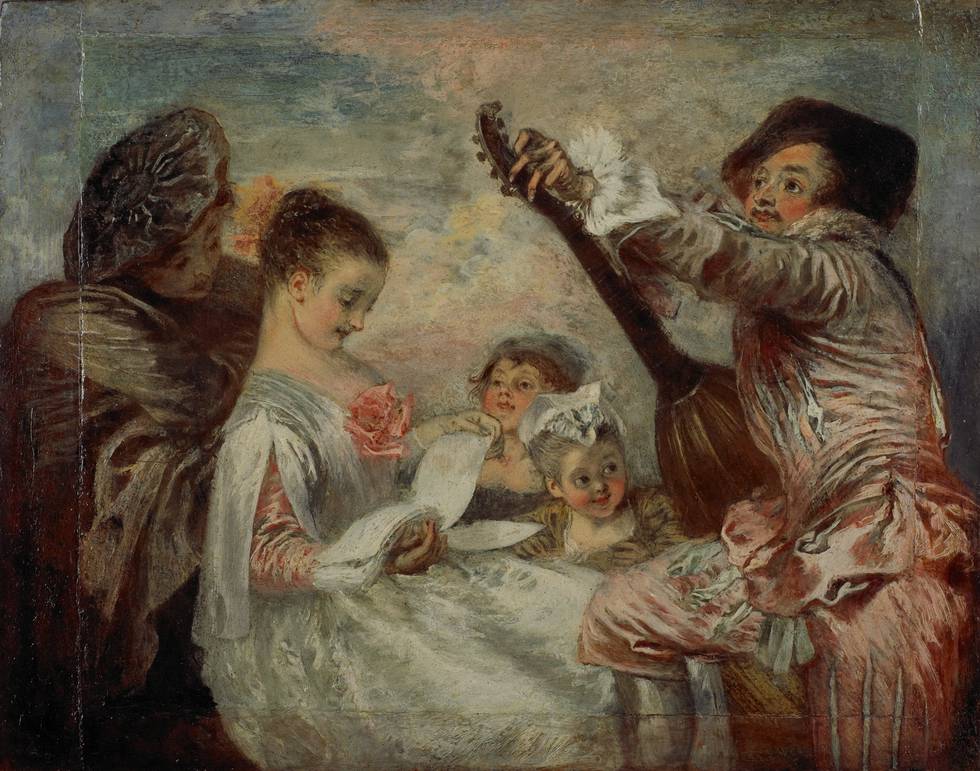 A painting of a group of figures, including a musician