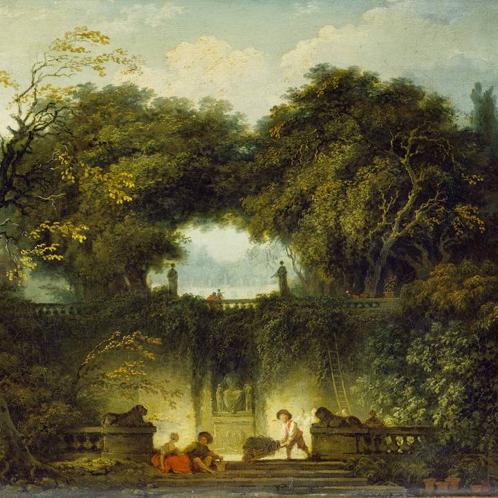 Park landscape with figures sitting and talking and a gardening