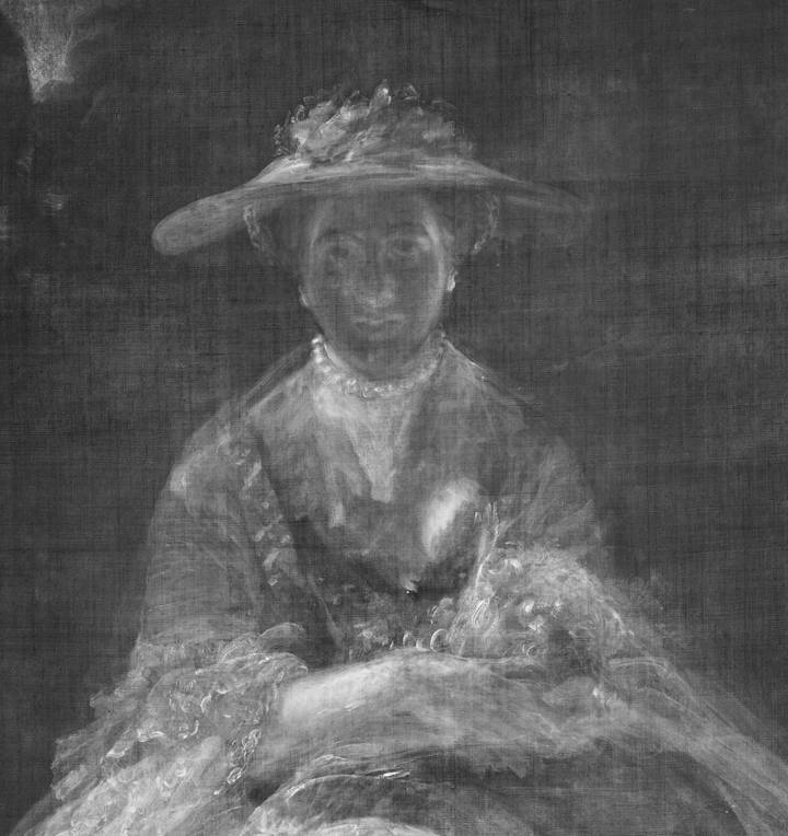 An X-ray showing how the adjustment of the figure's neckline. Joshua Reynolds, Nelly O'Brien, about 1762–3. The Wallace Collection (P48).