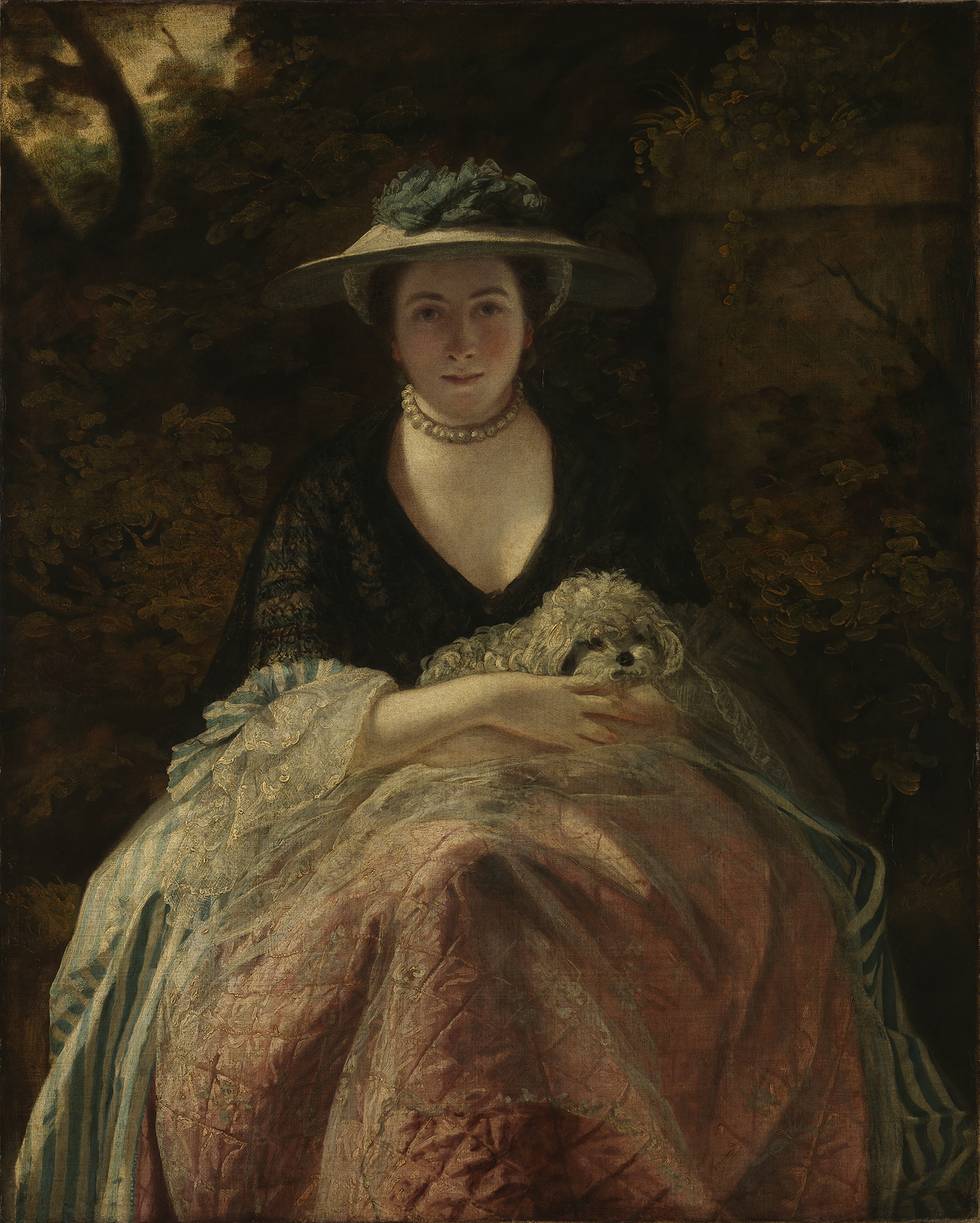 A painting of a seated woman holding a dog