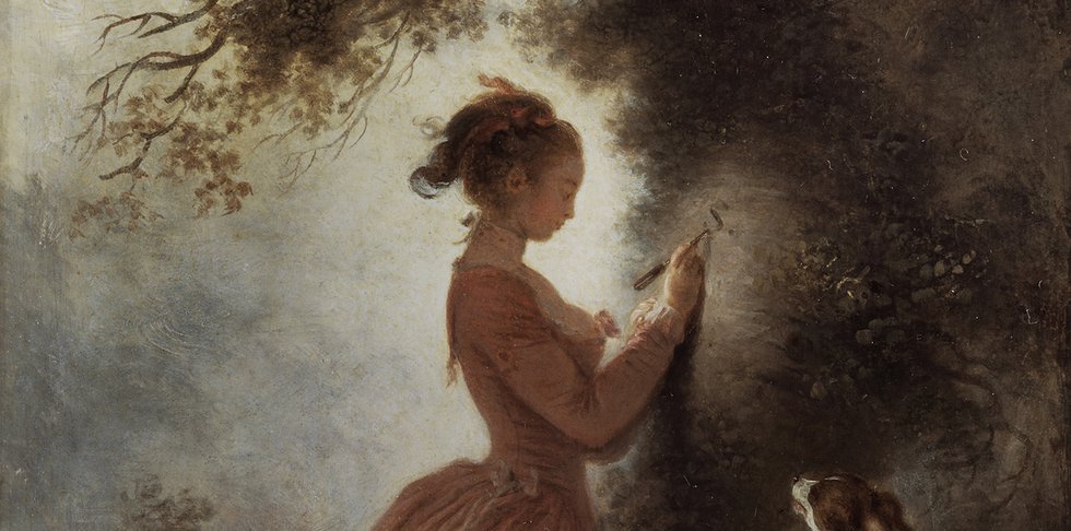 Detail of portrait of young girl carving into tree