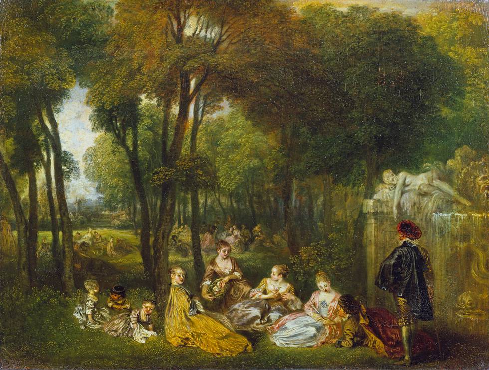 A painting of a group of figures sat in a wooded landscape