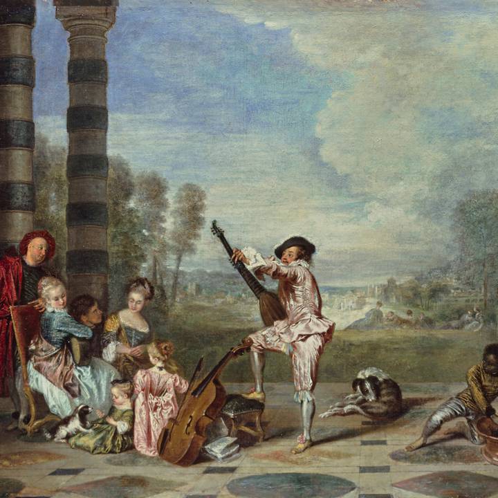A painting of a group of figures in an architectural landscape