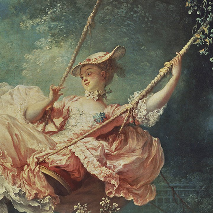 A detail of a painting of a woman on a swing
