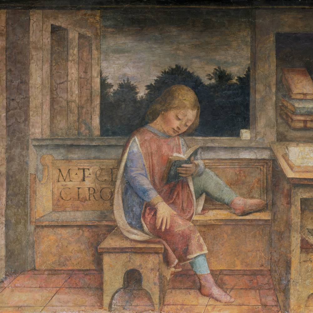 Fifteenth century young boy sat on bench reading book