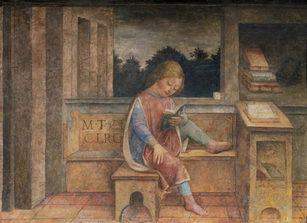 Fifteenth-century painting of a young boy sat on a bench reading book