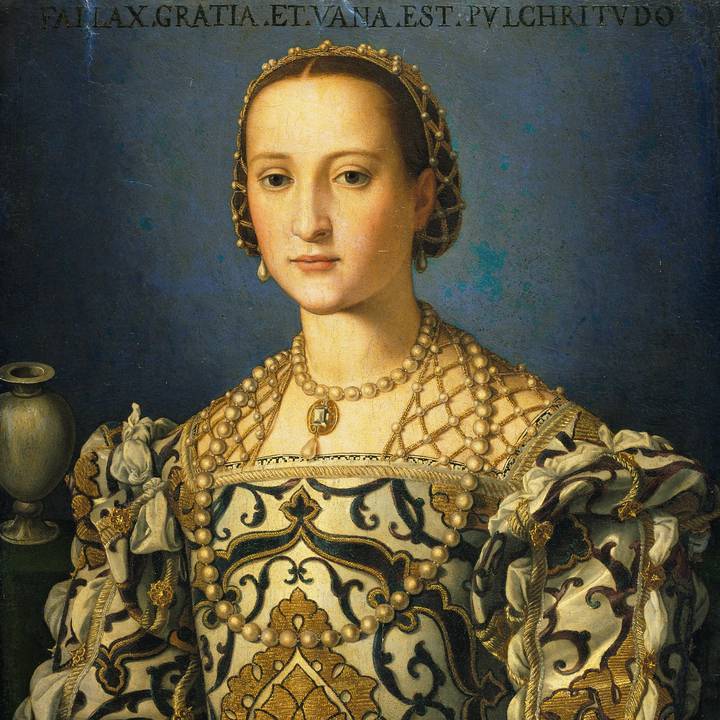 Renaissance portrait of a woman in a white and blue silk brocade dress, pearl necklace and pearl earrings