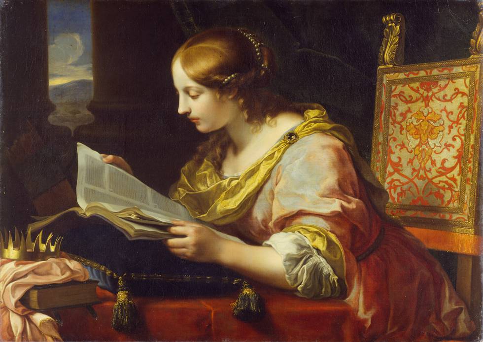 Painting from 1670 of a woman in a silk dress sitting at a desk reading