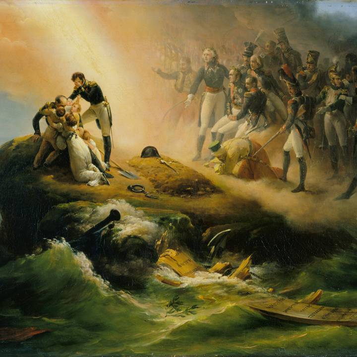 A painting of a group of figures gathered around a burial on a stormy coastline