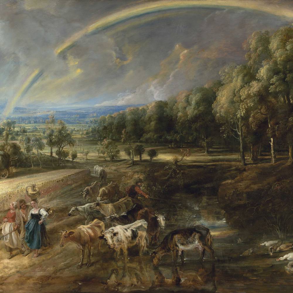 Taken in 2019. Countryside landscape of haymakers, milkmaids and cattle under a rainbow