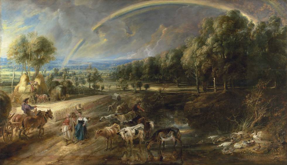 Taken in 2019. Countryside landscape of haymakers, milkmaids and cattle under a rainbow