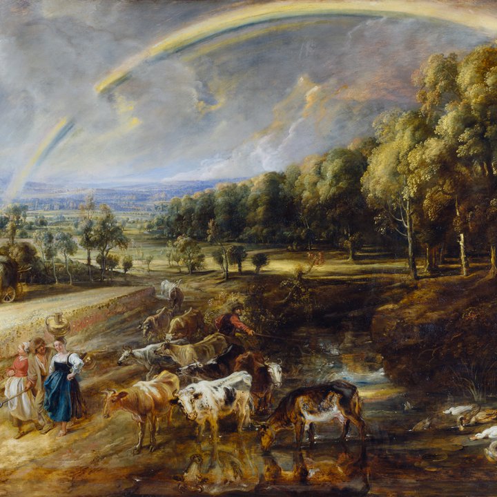 Countryside landscape of haymakers, milkmaids and cattle under a rainbow
