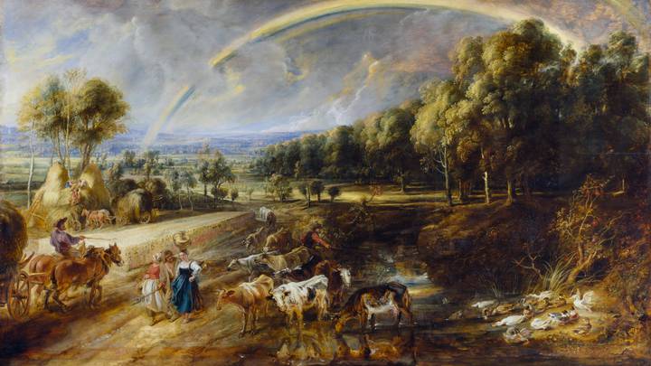 Countryside landscape of haymakers, milkmaids and cattle under a rainbow