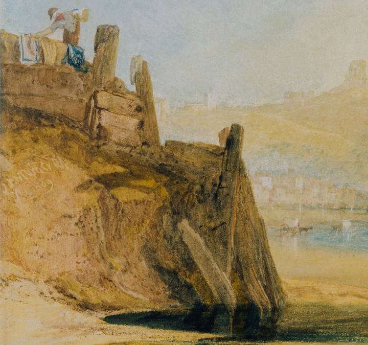 Detail of Scarborough Castle, showing J.M.W Turner's signature. Joseph Mallord William Turner, Scarborough Castle: Boys Crab Fishing, 1809 (P654).