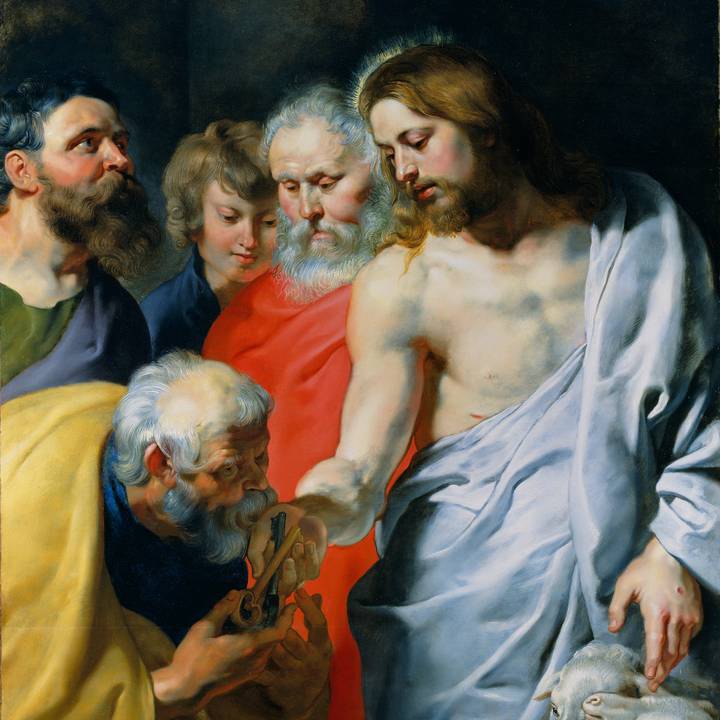 A painting showing Christ presenting the Keys to the Kingdom of Heaven to St Peter, with figures in the background