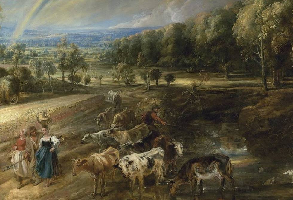 Detail of a painting showing cows and milkmaids in a landscape