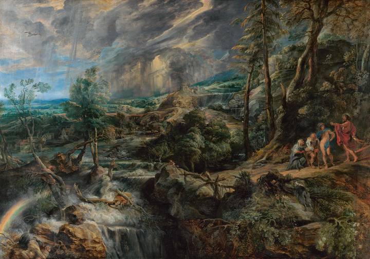 Peter Paul Rubens, The Stormy Landscape with Philemon and Baucis, 1620/25–c. 1636. Oil on wood panel, 147.1 x 209.6 cm. Kunsthistorisches Museum, Vienna (Gemäldegalerie, 690).