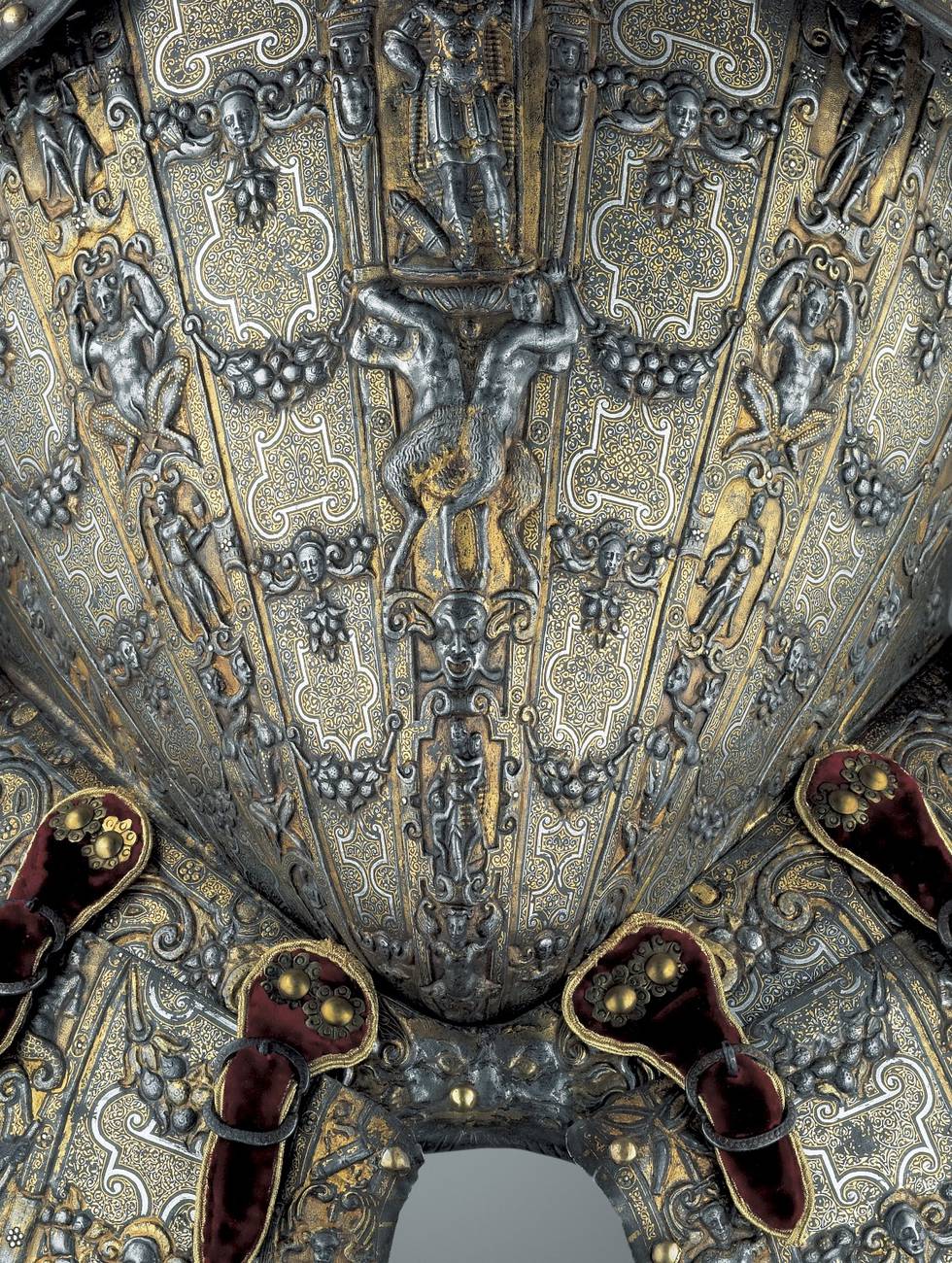 Close up detail of the front of a richly detailed armour