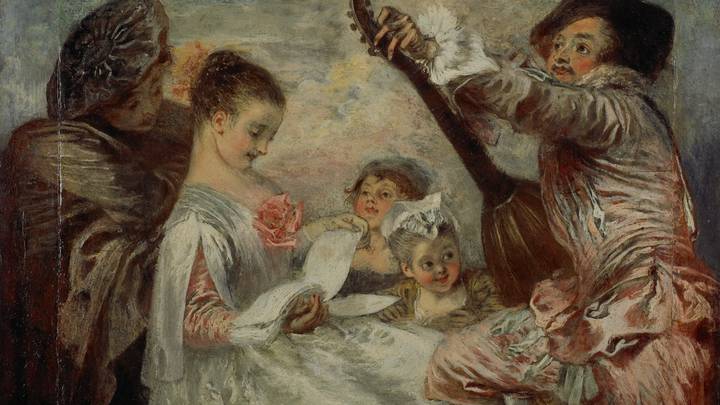 A painting of a group of figures, including a musician
