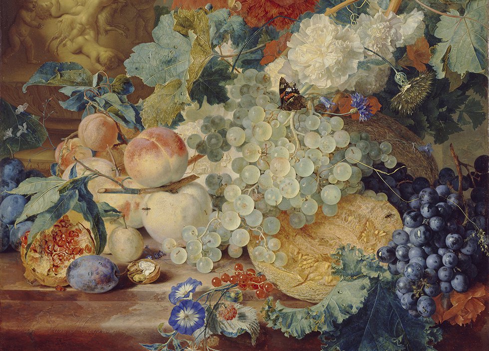 Detail of still life of fruit, flowers and butterflies