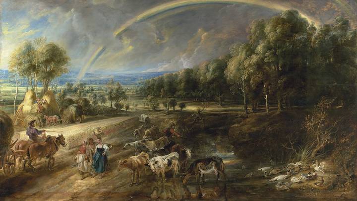A painting of a rainbow landscape